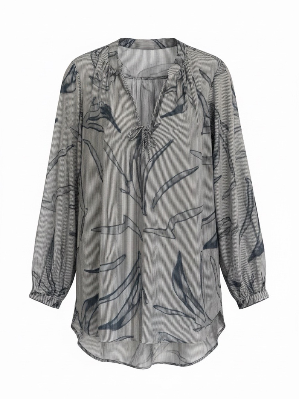 Halston Heritage Gray Blouse with Navy Floral Motif